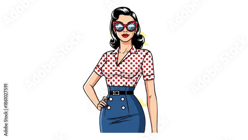 A confident woman standing with one hand on her hip and wearing sunglasses, illustrated in a vintage style