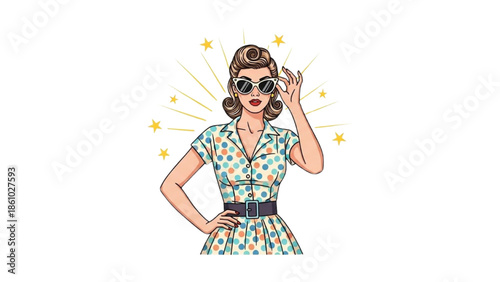 Vintage Pin-up Girl with Sunglasses and Stars Illustration