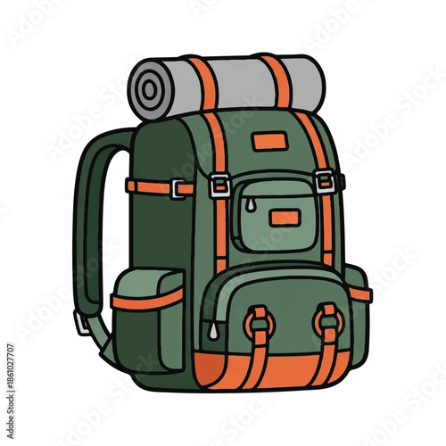 Illustrated green hiking backpack with rolled mat, multiple pockets and sturdy straps for travel, camping, and outdoor adventures.