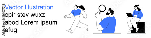 Lifestyle activities, teamwork, productivity, online communication, remote work, fitness theme. Characters running, analyzing with magnifying glass using a laptop. Lifestyle and productivity concept