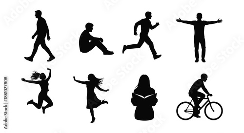 Diverse group of people in dynamic poses captured as a striking black silhouette