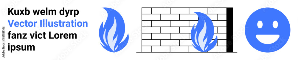 Fototapeta premium Cybersecurity, internet protection, data safety, software security, digital barriers, system monitoring. Brick wall with blue flame and a happy face. Cybersecurity and internet protection theme
