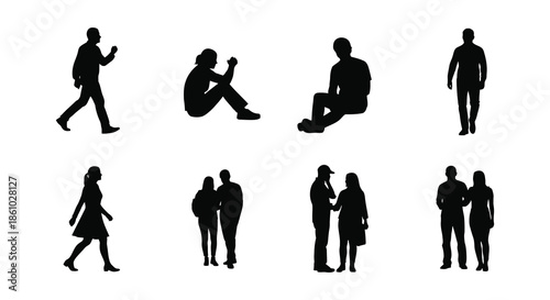 Diverse group of people in various poses represented as black shapes a striking silhouette
