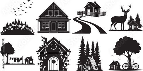 Set of rustic village and natural landscape vector silhouettes