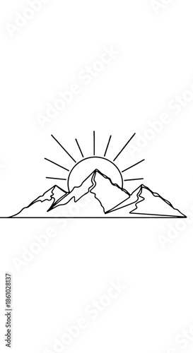 Minimalist sunrise over distant mountains with a rising sun and jagged peaks creating a serene alpine landscape.