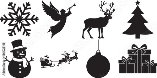 Christmas silhouette icons snowflake angel deer tree snowman santa claus reindeer ornament gifts