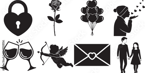 Valentines day silhouette icons heart lock rose balloons couple kiss envelope cupid