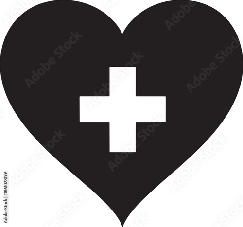 Heart medical cross icon symbolizing healthcare emergency hospital first aid insurance and medical support services in clean silhouette vector design