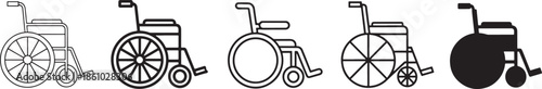 Wheelchair accessibility icon set in thin line bold rounded geometric and silhouette styles representing disability support mobility aid healthcare and inclusive design symbols