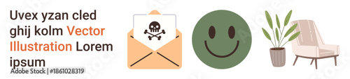 Cybersecurity, good reviews, wellness, interior decor, digital communication, nature. Envelope with skull, happy face chair plant. Cybersecurity and good reviews concept