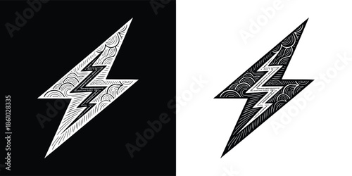 A lightning bolt with intricate patterns, presented in a black and white sketch, representing power, energy, and the beauty of natural forces