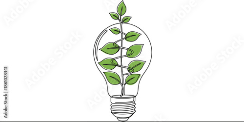 Single line light bulb with plant inside, green energy and sustainability concept, minimalist continuous line vector illustration 