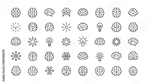 Collection of Minimalist Line Art Icons Representing Brain Functions and Ideas