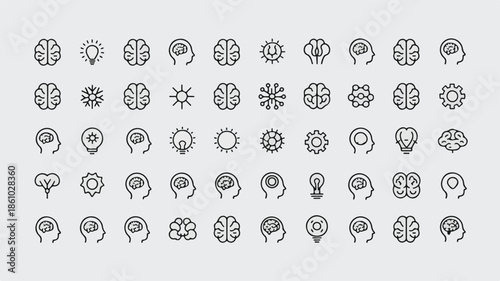 Collection of black and white brain and lightbulb icons representing ideas and innovation