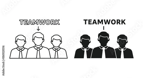 Teamwork concept showing people icons in both outline and solid black silhouette