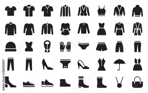 Collection of 40 black and white clothing and accessories icons displayed on a white background