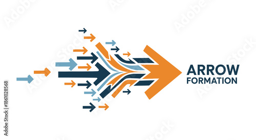 A dynamic arrangement of arrows converging into a larger orange arrow silhouette