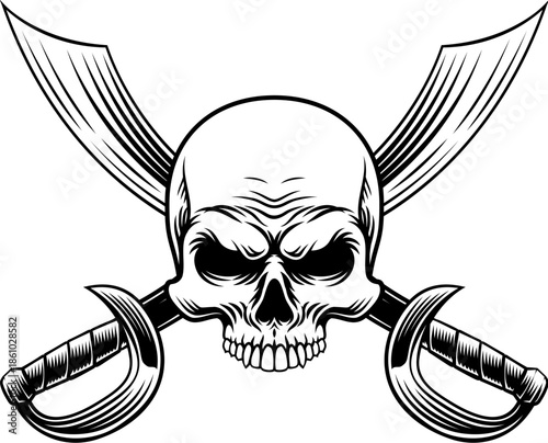 Pirate skull crossbones with crossing sabers or scimitar cutlass pirate swords. In a vintage retro woodcut style.