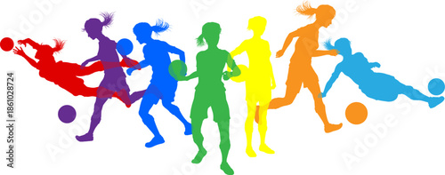 Silhouette women soccer female football player set. Active sports people healthy players fitness silhouettes concept.