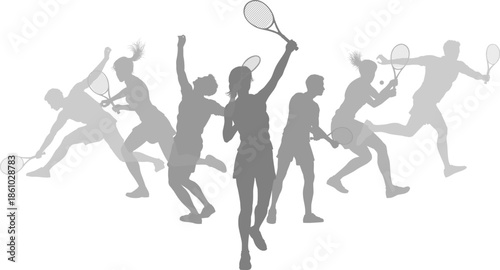 Silhouette Tennis players set. Active sports people healthy players fitness silhouettes concept.