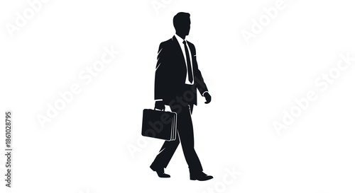 A professional businessman walking with a briefcase depicted in a striking black silhouette