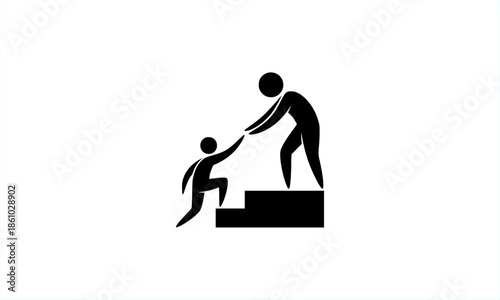 Vector illustration of a person helping another climb up steps. Silhouette icon representing mentorship, teamwork, support, business coaching, and partnership.