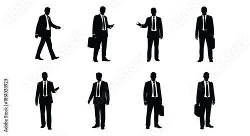 A collection of business professionals in various poses depicted as a stark silhouette