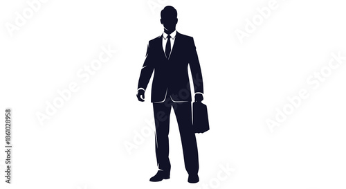 A sharply dressed businessman stands formally holding a briefcase presented as a striking silhouette