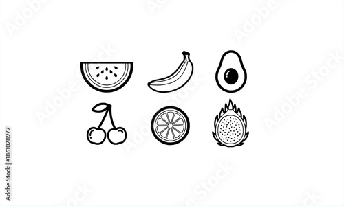 Vector icon set of fresh tropical fruits in black outline style. Includes illustrations of watermelon slice, banana, avocado, cherries, citrus slice, and dragon fruit (pitaya). Simple line art design 
