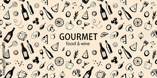 A hand drawn pattern featuring food wine and gourmet dining elements