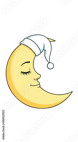 Sleeping Moon Character Wearing a Nightcap Illustration.