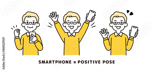 スマートフォンを手に、ポジティブな表情・ポーズをするおじいさんのベクターイラスト素材セット