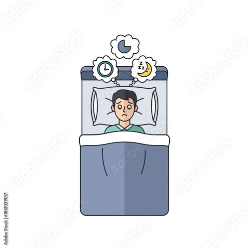 Man unable to sleep, tossing and turning in bed, thinking about time and sleep
