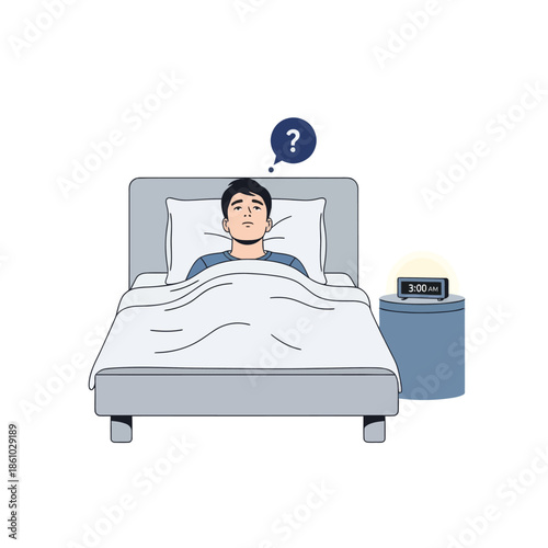 Man awake in bed at 3 AM with question mark, insomnia concept
