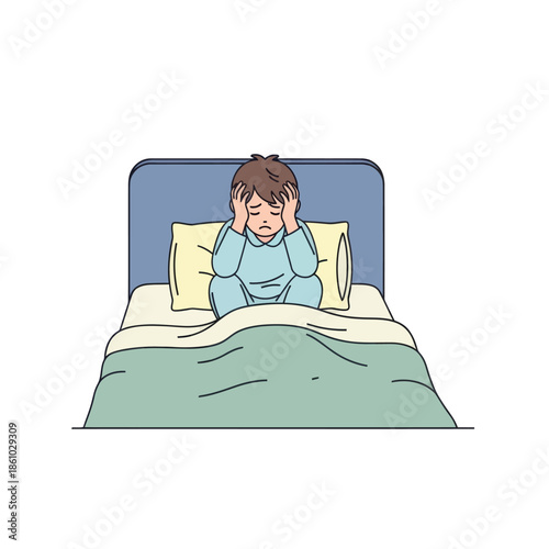 Sad child sitting on bed holding head, suffering from insomnia or nightmares