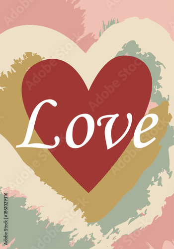 Corazón rojo artístico con la palabra love sobre un fondo de pinceladas abstractas en tonos pastel