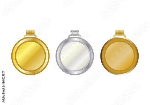 Tres medallas redondas de oro, plata y bronce aisladas sobre fondo blanco