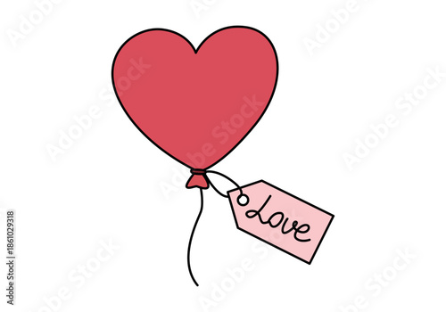 Globo rojo con forma de corazón y una etiqueta colgante con la palabra love escrita a mano