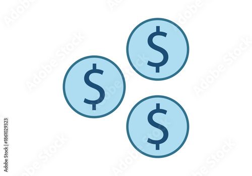 Tres monedas de color azul con el símbolo de dólar aisladas sobre un fondo blanco