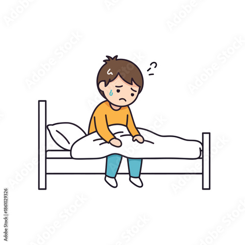 Sad Boy Sitting on Bed Feeling Sick, Unwell, Cold Sweat, Worry, Illness Concept