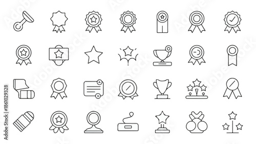 A collection of 20 icons representing awards and achievements in a minimalist line art style