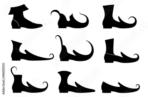 Medieval and fantasy elf shoes black silhouette vector set