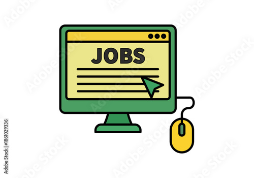 Monitor de computadora verde con sitio web de búsqueda de empleo y ratón amarillo