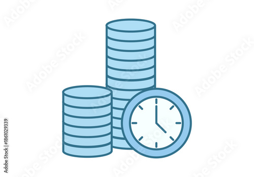 Pilas de monedas de color azul junto a un reloj de pared circular para representar el valor del tiempo y el ahorro