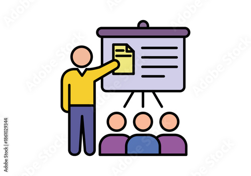 Presentador dando una conferencia frente a una audiencia utilizando una pizarra profesional