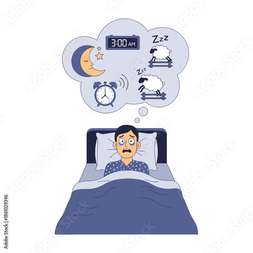 Sleepless Man In Bed At 3 AM With Alarm Clock, Moon, Stars, And Sheep Jumping Fence