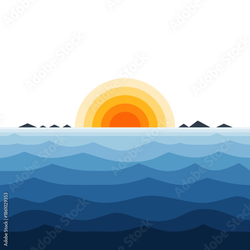 Minimalist sunset over ocean waves with distant islands, graphic illustration