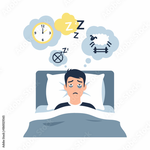 Man suffering from insomnia, unable to sleep, counting sheep, clock shows late night