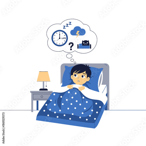 Boy can't sleep, worried in bed at night, thinking of clock, storm, and monster.