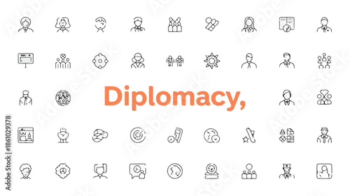 Collection of icons representing diplomacy and international relations in a grid layout
